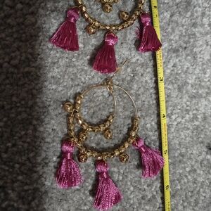 Gold and Pink Tassel Hoop Earrings